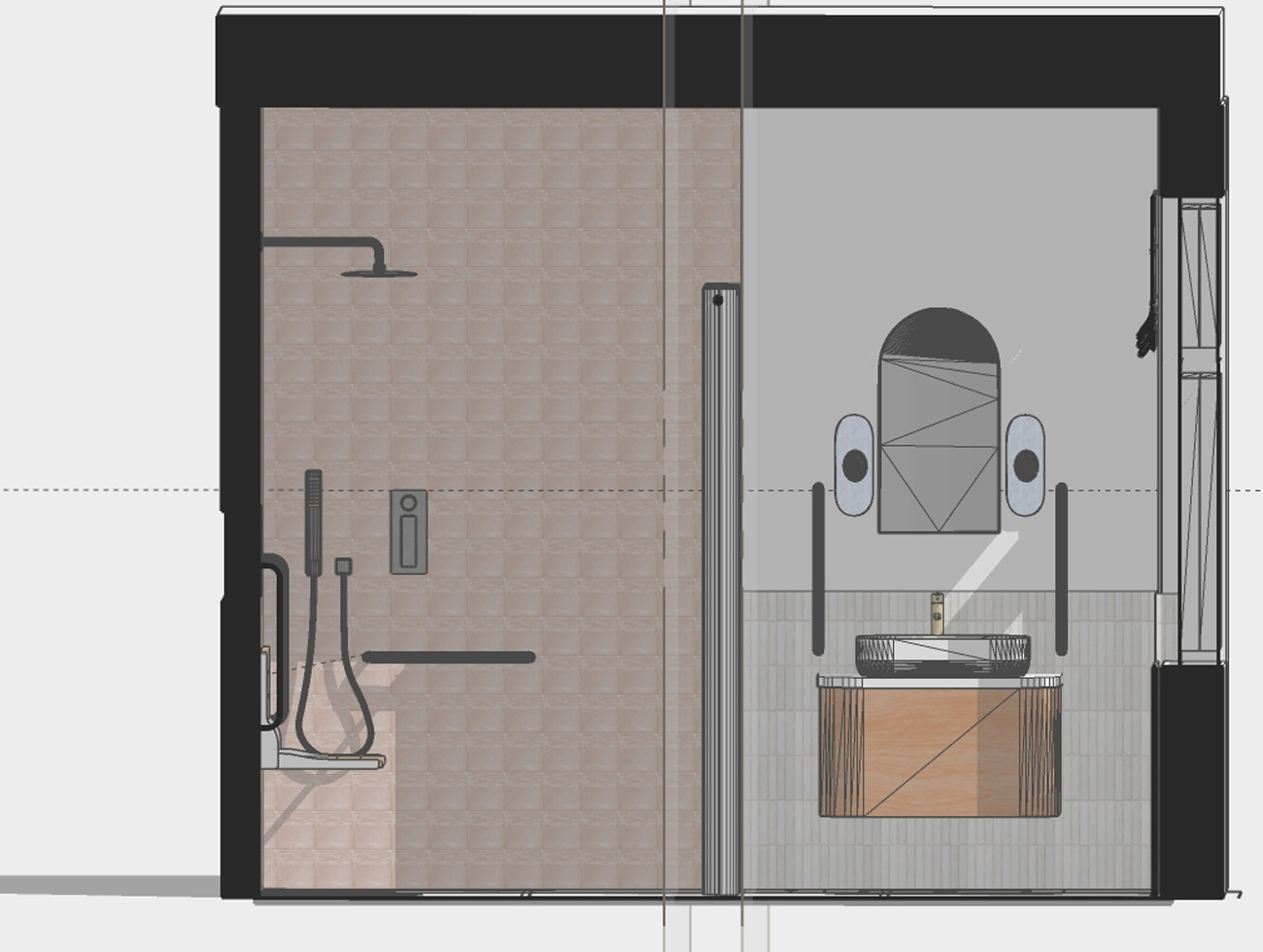 side elevation-architectural design drawing walk in shower and vanity unit